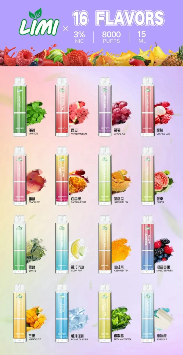 LIMI 8000口拋棄式電子煙｜主打吸氣發光燈效與大容量冰萃風味｜適合偏好絢麗視覺潮流與飽滿冰爽口感的玩家