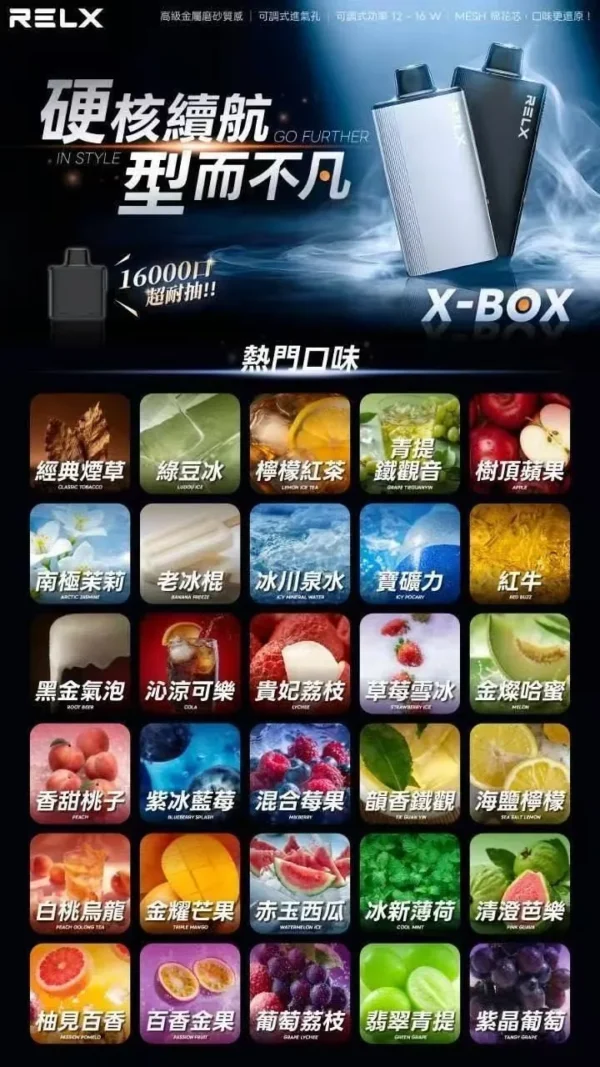RELX-悅刻-X-BOX-16000口拋棄式電子煙-風味圖 RELX 悅刻 X-BOX 16000口專用換彈拋棄式電子煙套裝|雙段功率調節與Mesh網芯霧化體驗|適合追求彈性使用與穩定口感的玩家